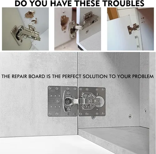 Vista 2 de Kit de placa de reparación de bisagras de gabinete de acero inoxidable de 8 piezas con tornillos y herramientas de montaje para armarios y puertas