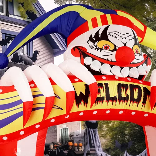 Vista 5 de WBHome 3 m Arco de payasos inflables de Halloween para decoración de exterior, del Día de los Muertos, para patio con luz LED integrada