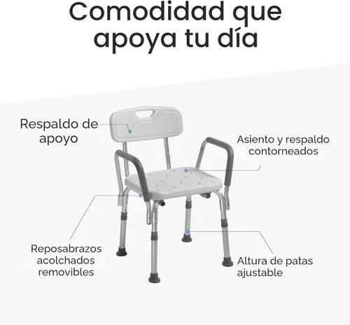 Vista 4 de Silla de ducha Drive Medical con respaldo y brazos acolchados - Asiento de baño ajustable para seguridad y comodidad - Construcción ligera
