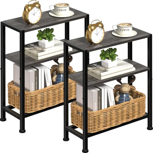 Vista 16 de Mesa auxiliar estrecha para espacios pequeños, mesa auxiliar pequeña de 2 niveles con soporte para estantes, mesita de noche delgada, mesa de sofá