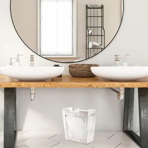 Vista 6 de TOPZEA Basurero de madera, papelera de granja con asa, cesta de basura de madera rústica, rectangular, pequeño, decorativo, contenedor de basura