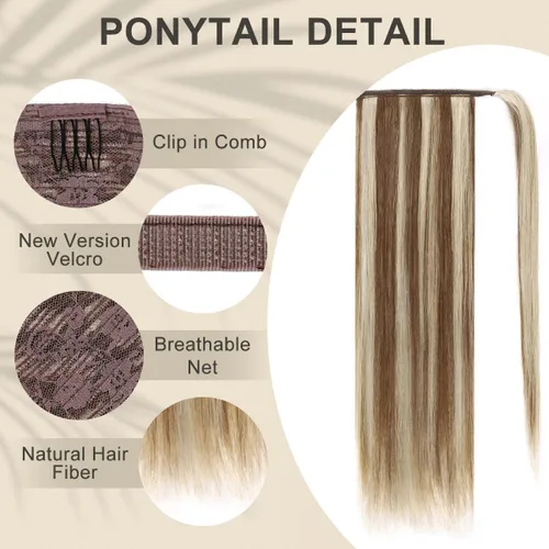 Vista 2 de RECOOL Extensión de cola de caballo de cabello humano marrón claro con rubio decolorado, extensiones de cabello humano Remy real, extensión de cola