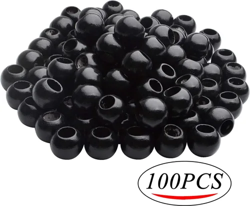 Vista 2 de Cuentas de madera negras, 100 cuentas de madera redondas de 0.787 pulgadas (0.787 in), cuentas espaciadoras sueltas con agujero grande de 0.396