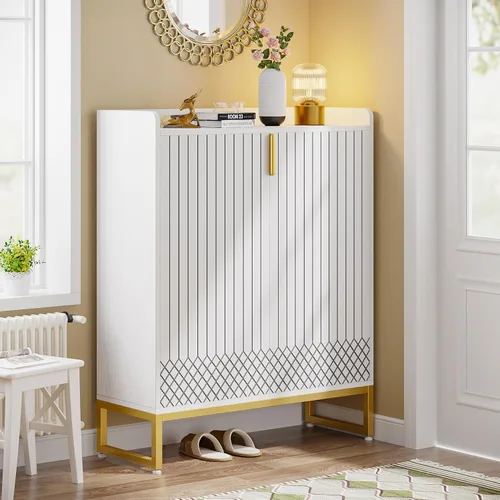 Vista 3 de Shoe Cabinet, 26 Pairs Shoe Storage Cabinets with Doors, 5 Tiers White Gold Wood Shoes Organizer Cabinet for Entryway Bedroom Hallway Living Room