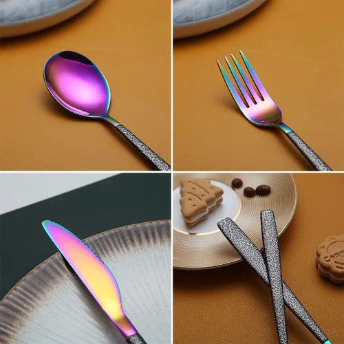 Vista 7 de Juego de cubiertos de 20 piezas con revestimiento de cabeza de arco iris con mango negro de Marte negro, acero inoxidable titanio colorido chapado