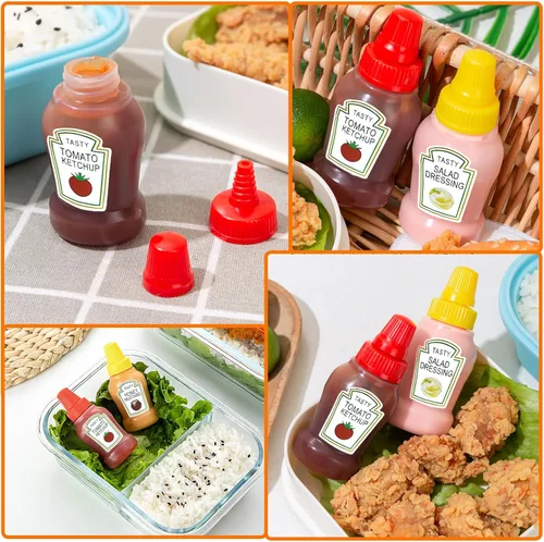 Vista 6 de Fantasyon 12 mini botellas de ketchup para accesorios de caja Bento, botellas exprimibles de condimentos de 0.8 fl oz, contenedor de salsa