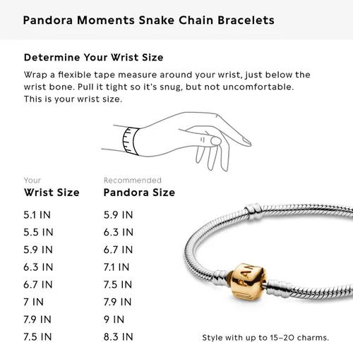Vista 8 de Pandora Pulsera de cadena de serpiente con cierre de barril y logotipo, pulsera de dos tonos para mujer, dijes compatibles con momentos, plata