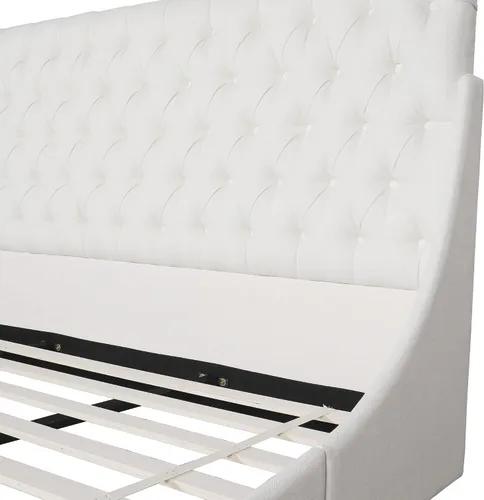 Vista 4 de Base de cama King y cabecero, base de cama de plataforma tamaño King, no necesita somier, base de cama tapizada King con algodón, bajo