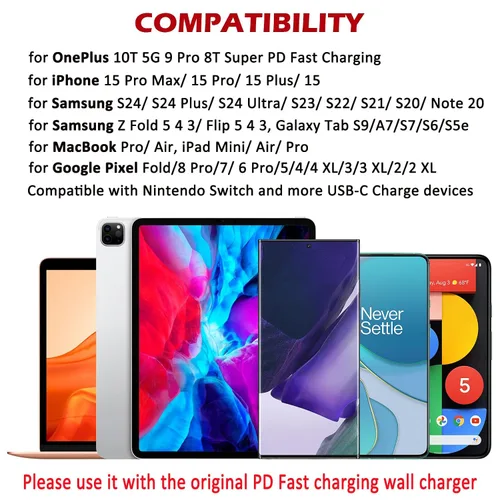 Vista 3 de Jelanry Cable USB-C a USB-C de 6.6 pies para OnePlus 10T 9Pro 8T Warp