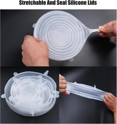 Vista 5 de JIGUOOR Tapas elásticas de silicona, paquete de 12 tapas de silicona reutilizables, fundas de silicona duraderas para almacenamiento de alimentos