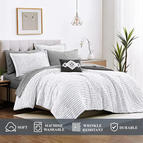 Vista 4 de WRENSONGE Juego de edredón jacquard tamaño King, juego de edredón bohemio de 8 piezas a rayas blancas y negras, juego de ropa de cama acogedor
