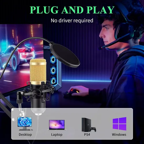 Vista 5 de GUHUS Kit de micrófono de condensador profesional, con soporte de brazo de brazo, filtro pop, montaje de choque, micrófono USB silencioso