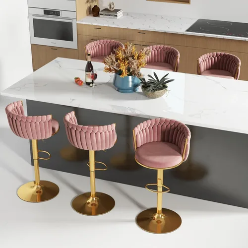 Vista 21 de ABET Taburete de Bar Dorado 1UN, Taburetes Giratorios de Terciopelo, Taburetes de Altura Ajustable con Respaldo Tejido, Taburetes de Cocina Modernos