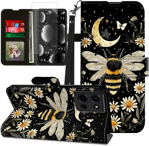Vista 154 de Funda para Motorola Edge 2022 con protector de pantalla, soporte y tarjetero y correa para la muñeca, funda magnética para Moto Edge 2022 5G UW Lobo