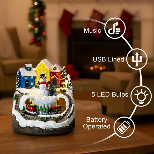 Vista 2 de ZQQLITE Casas de Pueblo Navideño de Muñeco de Nieve Musical Animado con Tren Giratorio, Figuras de Colección de Pueblo Navideño Iluminadas