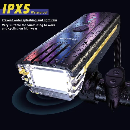 Vista 5 de Luces de bicicleta recargables USB-C ultra brillantes con bocina electrónica, faros de bicicleta con haz alto y bajo, 4 luces de bicicleta de modo