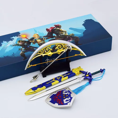 AEI Hobby Zelda Tears of The Kingdom Link Master Sword Hylian Shield Ceremonial Trident Arma Modelo 3 en 1 Set de caja de regalo (juego 3)