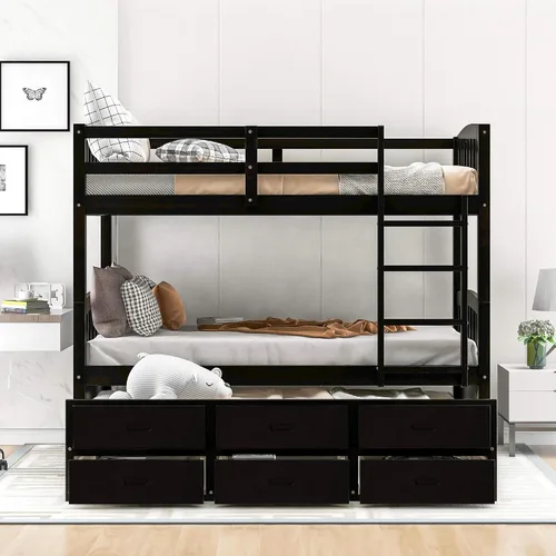 Harper & Bright Designs Litera individual sobre individual con escalera y cajones de almacenamiento, litera de madera con barandilla de seguridad y