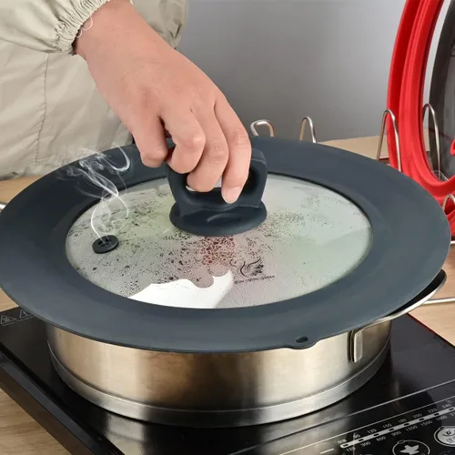 Vista 22 de Tapa universal de vidrio templado ventilado para sartén con borde de silicona resistente al calor, cubierta de tapa de salpicaduras de microondas