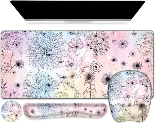 Vista 32 de 4 en 1 Alfombrilla de ratón grande, juego de reposa muñecas para teclado, alfombrilla de ratón ergonómica con soporte de muñeca, alfombrilla