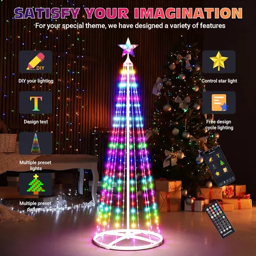 Vista 5 de Árbol de Navidad de Cono Inteligente de 5 pies + 6 pies + 7.5 pies, Luces Preiluminadas Multicolor para Exterior, Sincronización de Música, Control