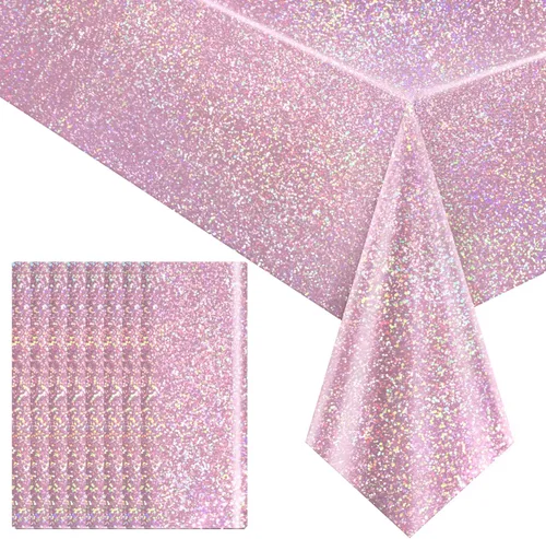 Vista 21 de 4 piezas de manteles holográficos láser morados iridiscentes brillantes, cubiertas de mesa de 40" x 108", manteles rectangulares desechables