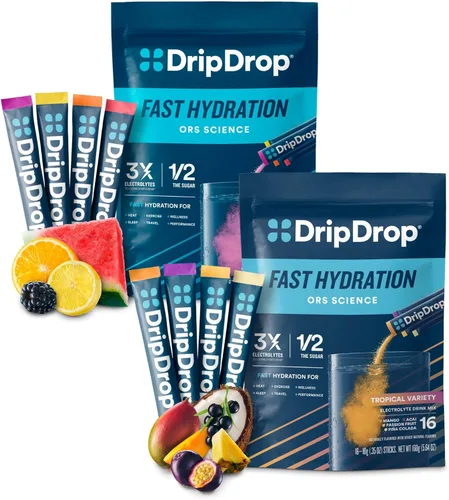 DripDrop Hidratación - Paquetes de polvo de electrolitos - Piña Colada, Mango, Açaí, Maracuyá, Sandía, Baya, Limón, Naranja - 32 unidades