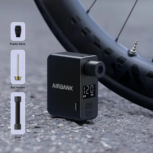 Vista 4 de AIRBANK Mini bomba de bicicleta con bolsillo de calibre PRO, bomba de aire de bicicleta de apagado automático máximo de 120 PSI, bomba eléctrica