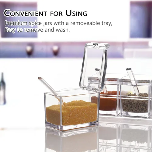 Vista 5 de V·RESOURCING Caja de condimentos transparente, 3 piezas de recipientes de especias con soporte para condimentos, sal y azúcar, con 3 cucharas