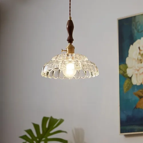 Vista 3 de Modern Full Copper Pendant Lights, Mid Century Clear Glass Shade Ceiling Hanging Lighting, Vintage Walnut Chandelier for Hallway Kitchen Island