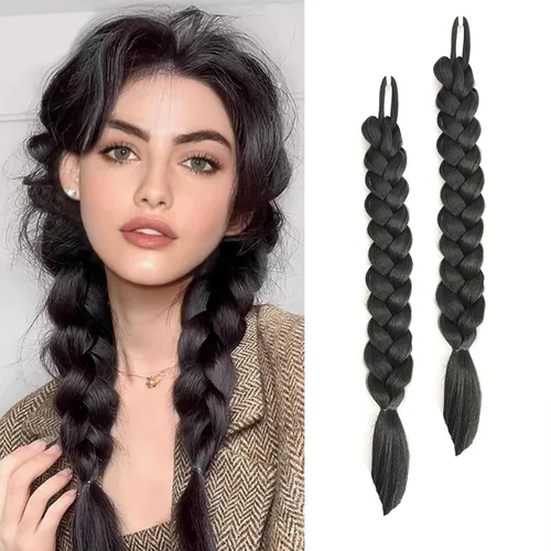 Vista 17 de 2 paquetes de extensión de cola de caballo trenzada larga de 16 pulgadas color marrón para mujeres negras con banda elástica, trenzado recto