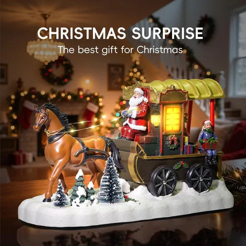 Vista 5 de Accesorios de pueblo navideño, carruaje dibujado por caballos, edificios coleccionables con 8 canciones y luces LED, figuras coleccionables