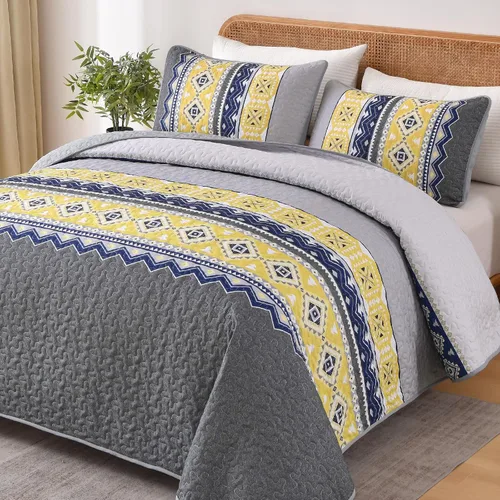 Vista 15 de WONGS BEDDING Juego de edredón bohemio de color beige, tamaño Queen, juego de colcha con estampado geométrico con 2 fundas de almohada, juego