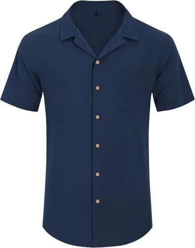 Vista 4 de Alimens & Gentle Camisas de lino para hombre, de manga corta, con botones, de algodón, para verano, playa, cubanas, camisas hawaianas