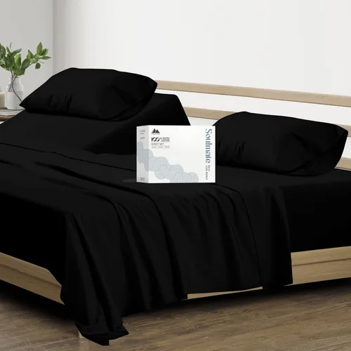 Vista 12 de Mayfair Linen - Juego de sábanas de algodón 100 % de 500 hilos, tamaño matrimonial, 4 piezas, sábana de algodón (negro), suave, refrescante, sábana
