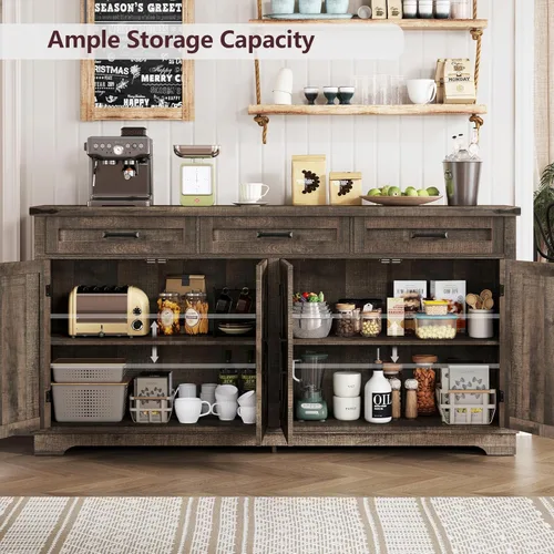 Vista 4 de usikey Gabinete Buffet, Aparador Buffet Grande de 63" con Almacenamiento y 3 Cajones, Barra de Café Estilo Granja con 4 Puertas, Mesa Buffet