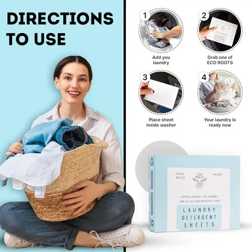 Vista 6 de Eco Roots Hojas de detergente para ropa – 64 cargas ecológicas Fresh Breeze - Sábanas de lavandería de tamaño de viaje, biodegradables e