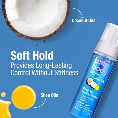 Vista 4 de Lottabody Mousse en espuma con aceite de coco y manteca de karité Wrap Me, crea envoltorios suaves, mousse para cabello rizado, define rizos