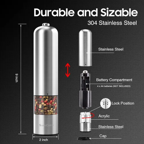 Vista 3 de Juego de molinillo eléctrico de pimienta y sal, grueso ajustable a batería, molinos de pimienta, molienda automática para restaurante de barbacoa