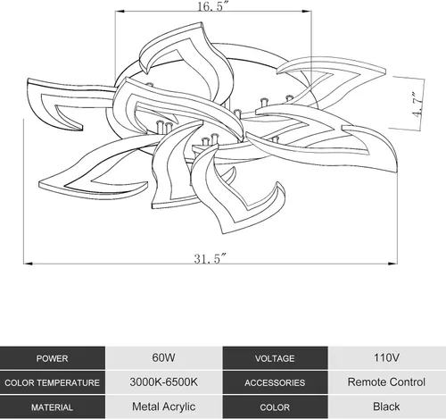 Vista 6 de MEIXISUE Lámpara de techo moderna con flor LED en negro, accesorios de iluminación de techo montados con control remoto para sala de estar