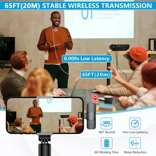 Vista 8 de RICCHI Micrófono Lavalier inalámbrico para iPhone, iPad y teléfono Android, 2 mini micrófonos con reducción de ruido micrófono de solapa