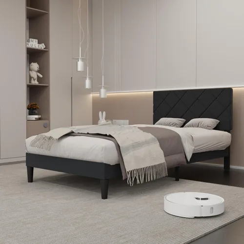Vista 3 de Base de cama de tamaño individual con cabecera ajustable, plataforma tapizada de terciopelo, marcos de cama individual con fuerte soporte