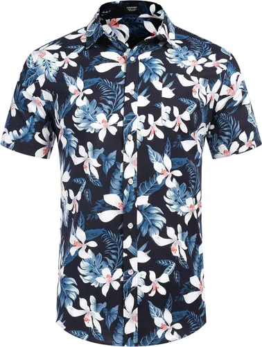 Vista 4 de COOFANDY Camisas hawaianas florales para hombre, algodón y lino, con botones, tropicales, para la playa