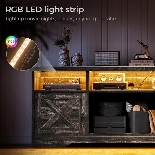 Vista 4 de Casaottima Soporte de TV para televisor de 65 pulgadas, centro de entretenimiento de estilo granja con toma de corriente y luz LED y gabinetes