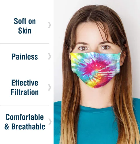 Vista 3 de WECARE Mascarilla desechable envuelta individualmente, paquete de 50, mascarillas de teñido anudado de 3 capas