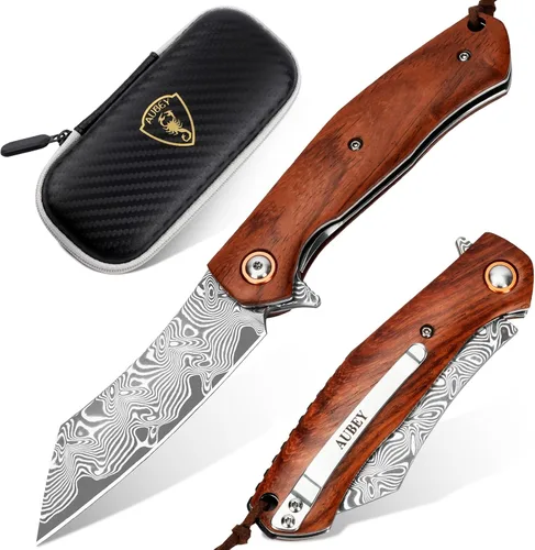 Vista 11 de Cuchillo de bolsillo plegable de Damasco AUBEY hecho a mano con clip para hombres, cuchillo de caza de Damasco EDC con bloqueo de vástago