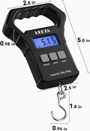 Vista 7 de HEETA Báscula de pescado, báscula digital portátil de pesca colgante de 110 libras / 110.2 lbs con pantalla LCD retroiluminada, báscula de equipaje