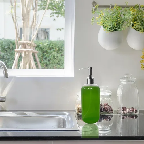 Vista 5 de Botellas dispensadoras de jabón transparentes recargables con bomba, 16 onzas (paquete de 3) Contenedores redondos de plástico Boston sin BPA