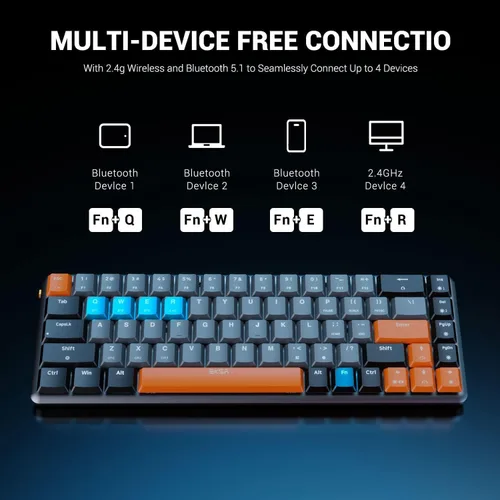 Vista 6 de Teclado para juegos, 65% teclado mecánico inalámbrico de perfil bajo con interruptor rojo, Bluetooth 5.02.4Gteclados de iluminación RGB con cable