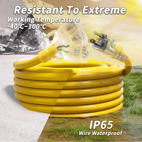 Vista 4 de PlugSaf - Cable de extensión para exteriores de calibre 10 de 50 pies con múltiples tomas, color amarillo